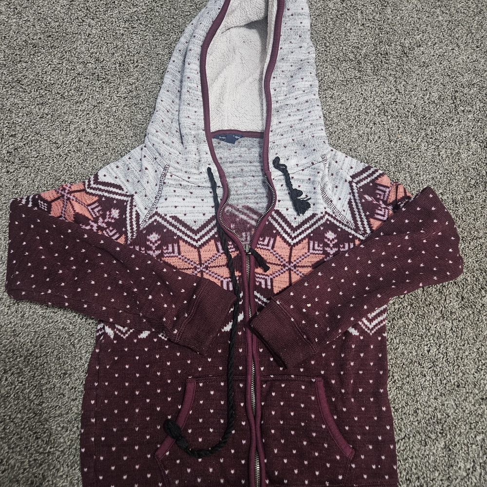 Women's American Eagle Burgundy and Gray Hooded Sweater